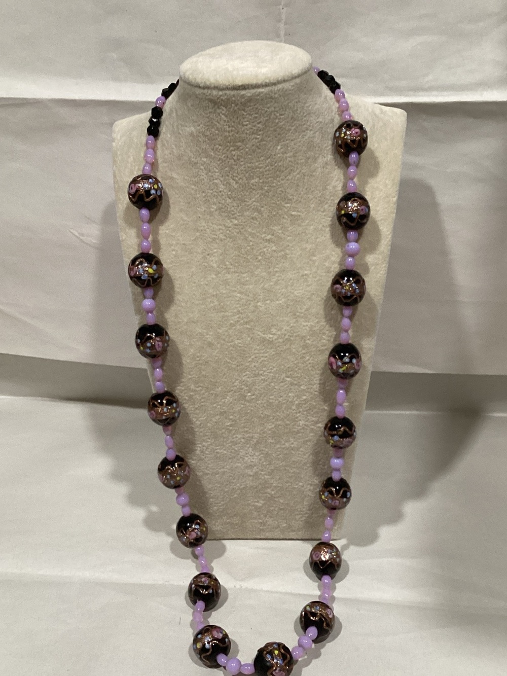 Lavender and Black Hand-Painted Beaded Necklace - Women Jewelry